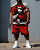 Big & Tall Men's Serious Gorillas Cartoon Printed Short Sleeve T-shirt 2-Piece Set